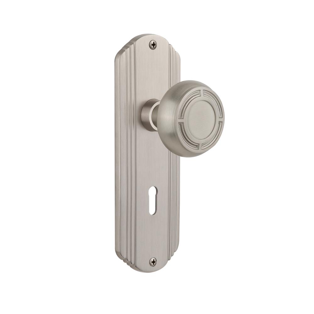 Nostalgic Warehouse DECMIS Complete Mortise Lockset Deco Plate with Mission Knob in Satin Nickel